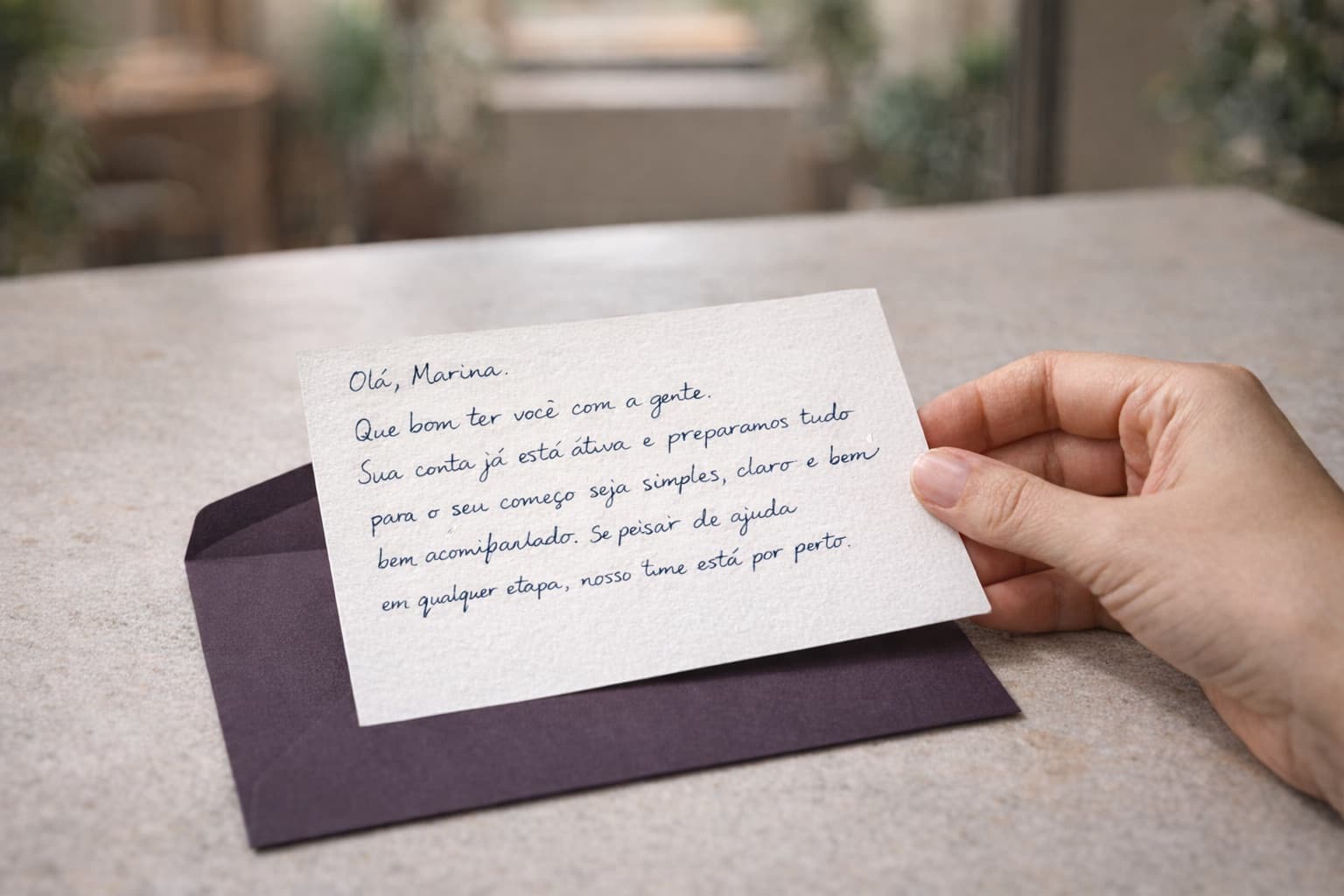 Carta manuscrita de boas-vindas apoiada sobre envelope ameixa em uma superfície clara.