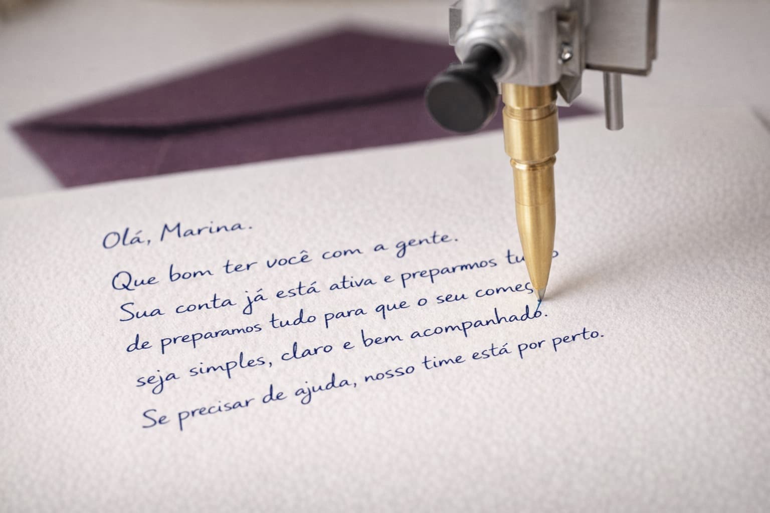 Close do braço robótico escrevendo uma carta manuscrita com tinta no papel, com envelope ameixa desfocado ao fundo.